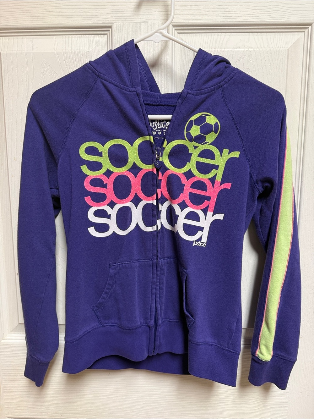 Justice Purple Soccer Zip Hoodie with Neon Green and Pink Accents